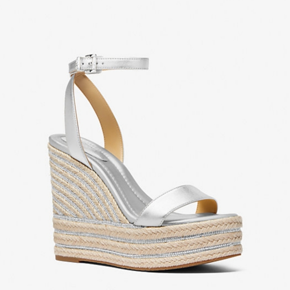 MICHAEL KORS Leighton Metallic Leather Wedge Sandal Silver